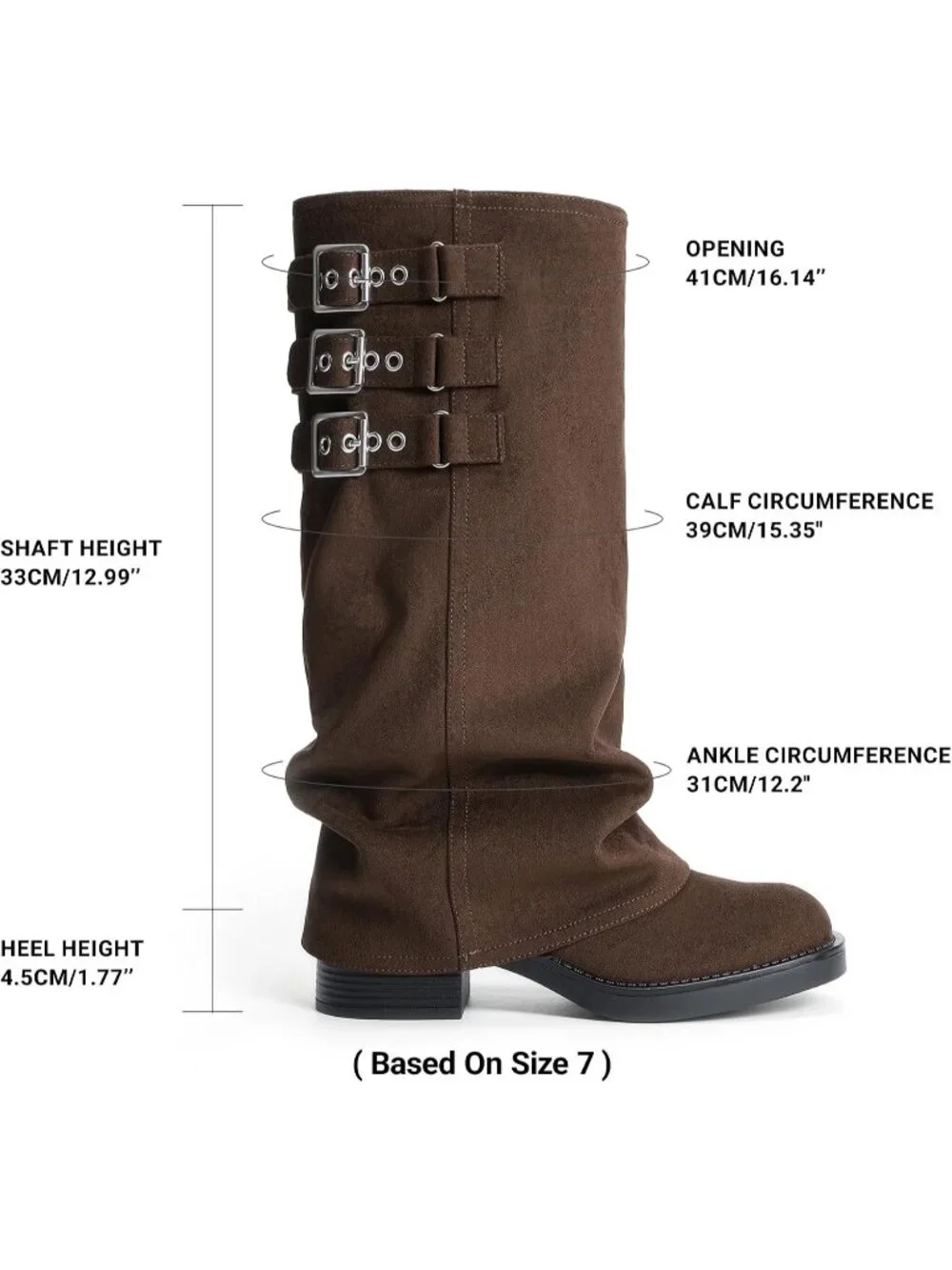 Women's Dark Brown Fashion Adjustable Buckle Low Chunky Heel Slouchy Boots